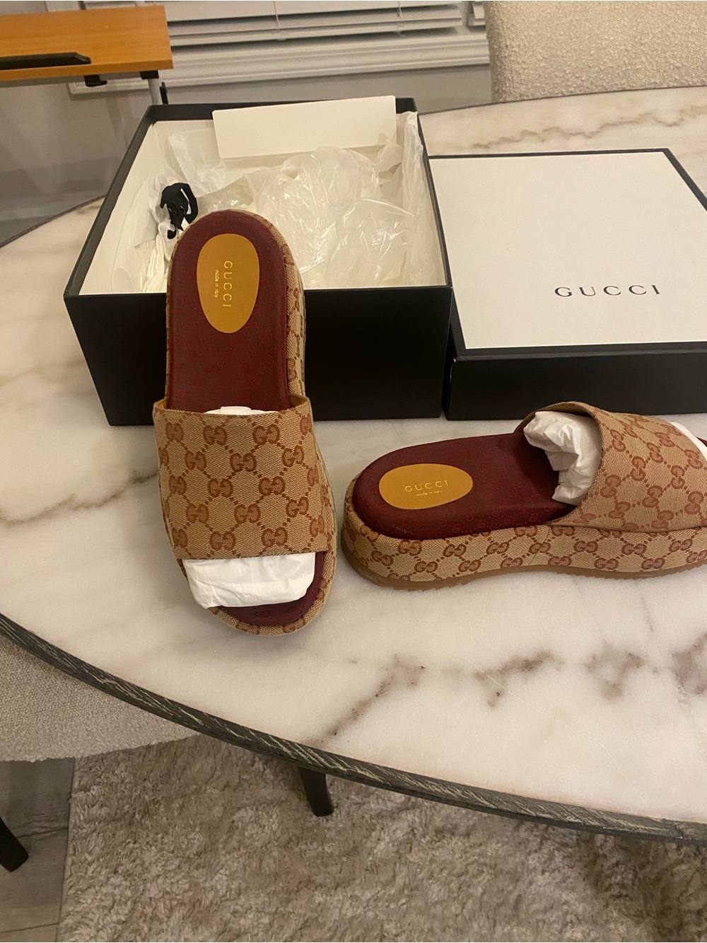 Gucci Beige Brown GG Canvas Platform Slide Sandals
